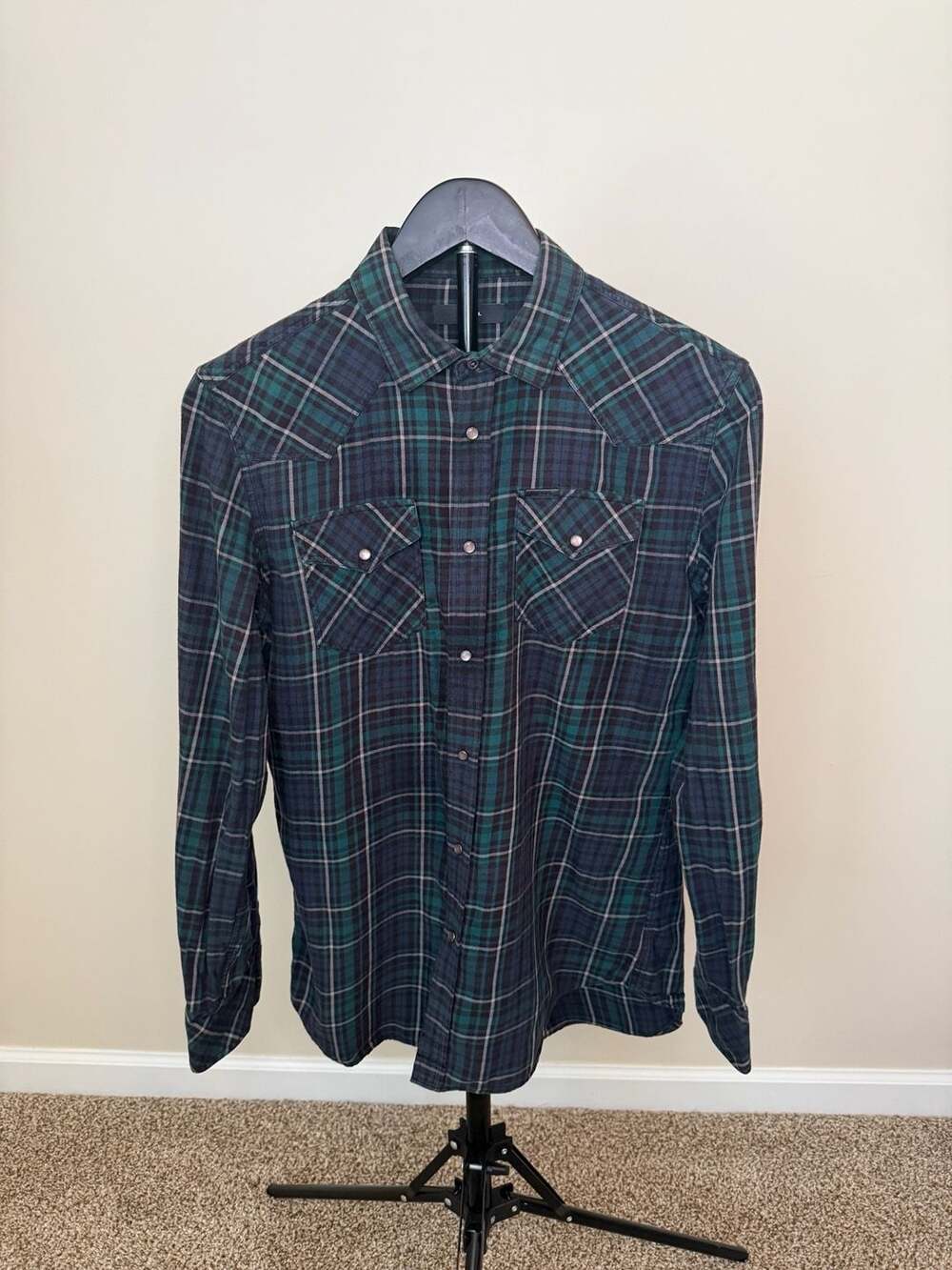 100% Cotton Diesel Men's Green and Navy Plaid Western Snap Button Shirt Size S